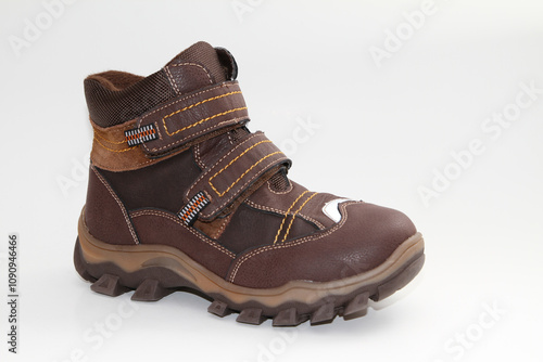 Men's boots. Waterproof leather. white background. Side view.