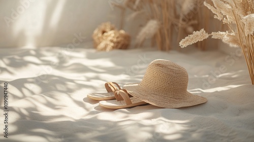 Sun-kissed summer scene featuring a straw hat and sandals resting on a sandy surface surrounded by dried grasses and soft lighting. Generative AI photo