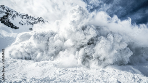 Massive snow avalanche cascading down a rugged mountain slope, creating a cloud of white snow and mist under a partly cloudy blue sky.