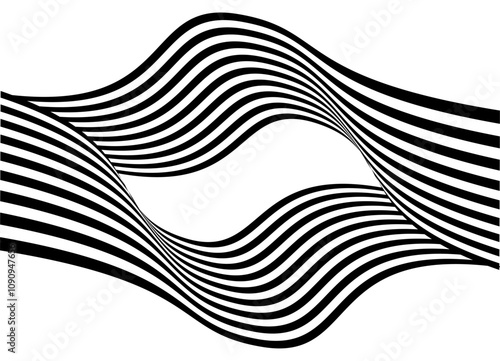 Abstract vector ribbons of black parallel lines on a white background in retro style. Modern design element. Trendy pattern. Vector black and white background with space for text. Striped waves.