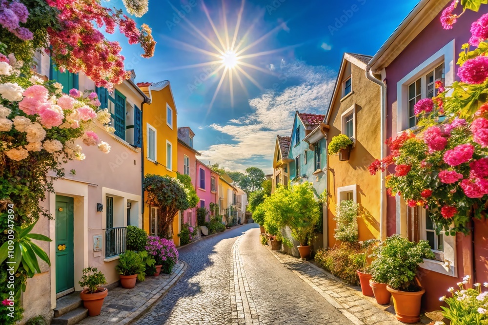 Fototapeta premium Vibrant Pastel Houses Lining a Sunny Street with Blooming Flowers, Perfect Day for Exploring the Cheerful Scene, Ideal for Capturing Joyful Neighborhood Vibes in Spring