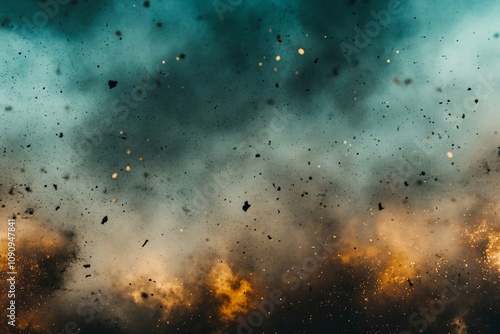 Abstract background with fire particles and sparks, smoke, debris and noise after natural disaster, catastrophe or bomb explosion. War, military operation concept. Backdrop for design war game