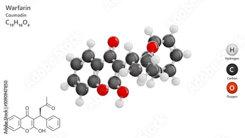 Molecule: Warfarin. Molecular structure. Formula: C19H16O4. Chemical model: Ball and stick. White background. 3D illustration. photo