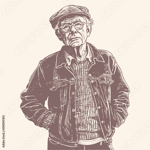 Old pensioner man with glasses wearing a denim jacket, jumper and cap, vector illustration
