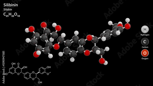 Molecule: Silibinin. Antioxidant. Molecular structure. Formula: C25H22O10. Chemical model: Ball and stick. Black background. 3D illustration. photo