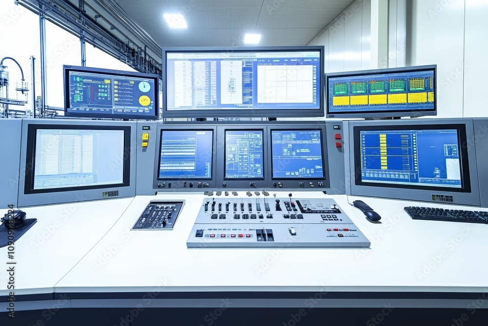 Fototapeta premium Industrial control room with multiple monitors.