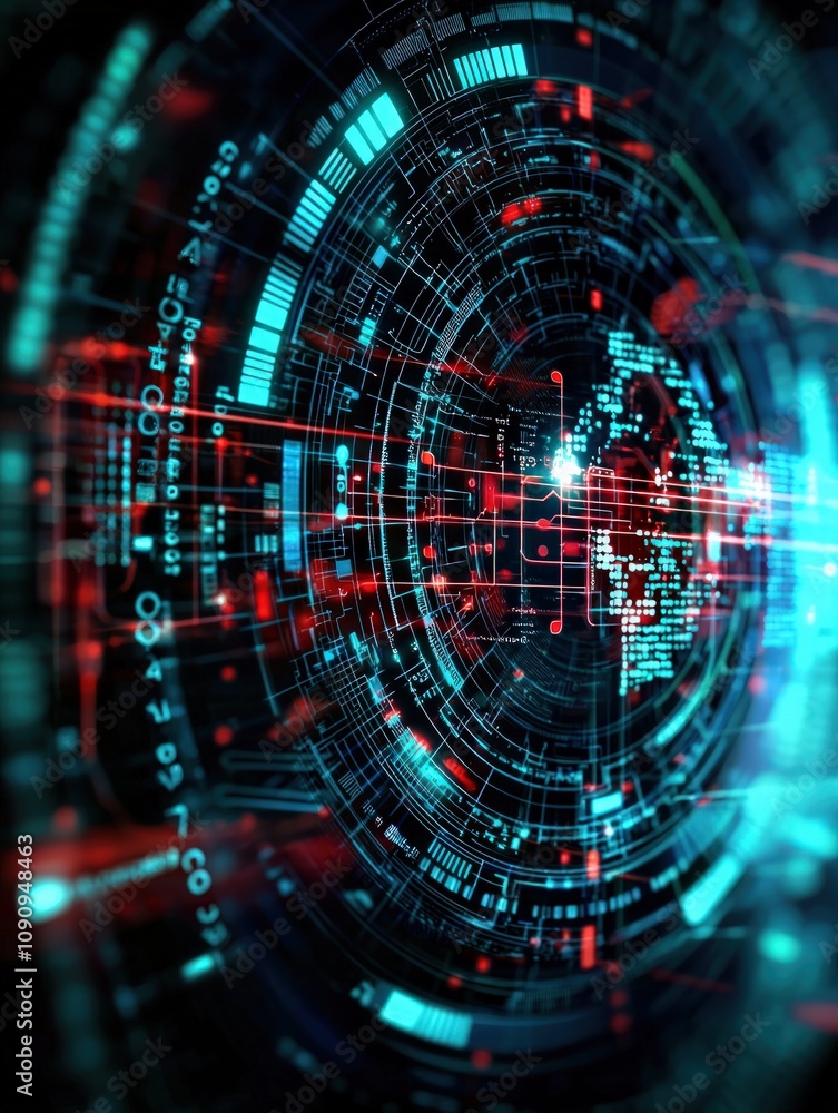 Fototapeta premium A futuristic digital interface displaying data patterns and a globe, emphasizing technology, connectivity, and data visualization.