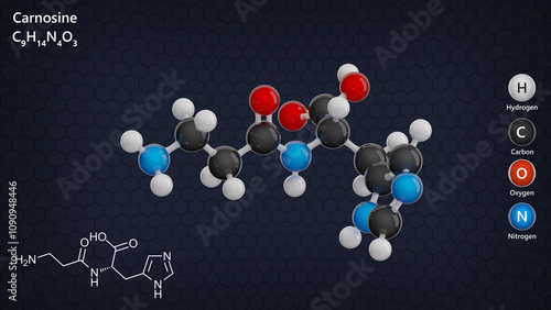 Molecule: Carnosine. Molecular structure. Formula: C9H14N4O3. Chemical model: Ball and stick. Dark background. 3D illustration. photo