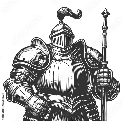 Fat overweight rotund knight in full armor, blending humor and medieval charm sketch engraving generative ai vector illustration. Scratch board imitation. Black and white image.