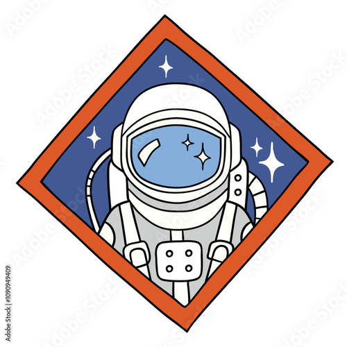 Hand drawn vector space patch.  Vintage spacecraft badge isolated on white background. Perfect for tee shirt logo, greeting card, poster or nursery print design. EPS 10 vector file.