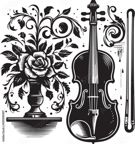 Elegant Violin and London Skyline Silhouette in Monochrome Design. A sophisticated black and white illustration showcasing a beautifully detailed violin against a silhouette of the London skyline.