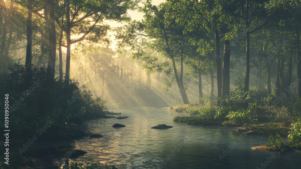 Fototapeta premium Sunlight Filters Through Trees Over a Tranquil Stream in an Early Morning Forest