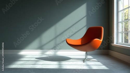 A modern orange chair sits in a sunlit room, offering a cozy and inviting atmosphere with a minimalist design. photo