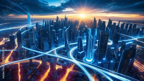 Futuristic City: A Glimpse into Tomorrow's World, Illuminated by Fiber Optics. Smart City Related 3D Computer Animation.