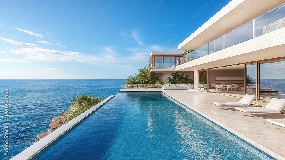 Obraz premium A modern villa with a stunning infinity pool overlooking the serene ocean, perfect for luxury and relaxation.