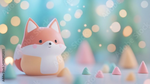 Cute fox toy with colorful bokeh lights and pastel triangles. Holiday minimal art. Christmas magic concept. Sweet design