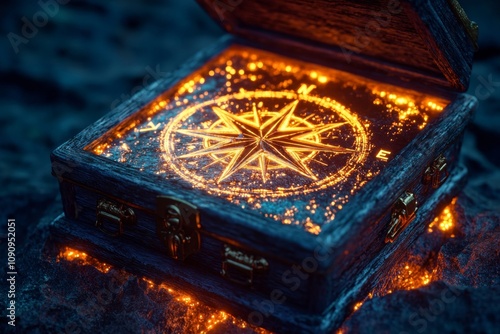 Illuminated Compass in Rustic Wooden Box: A Magical Navigation Tool Sparkling with Golden Light