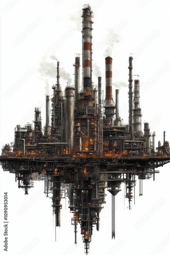 Obraz premium Floating industrial complex, smokestacks, intricate design.