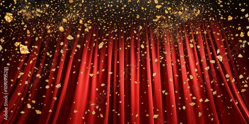 
Velvet red drapes with golden confetti create a timeless theater ambiance. Gold fragments gently cascade under spotlights, enhancing the elegance of the folded stage curtain with a subtle sparkle.
