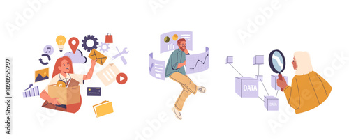 Man and woman cartoon characters working with virtual data in cloud storage and network isolated set