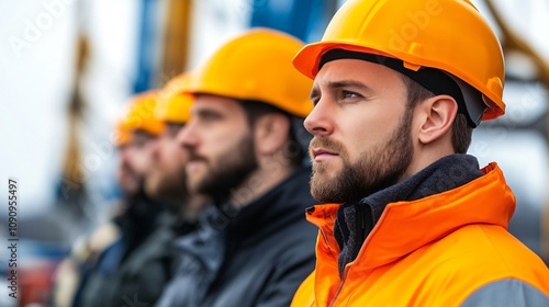 Construction workers wearing safety helmets and orange jackets stand in line observing their surroundings at a job site during daylight. Generative AI