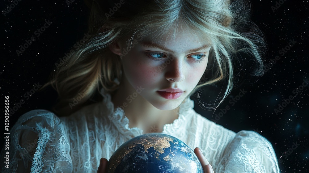 Naklejka premium A magical image depicting a girl gently cradling the globe, her contemplative expression drawing attention to the beauty and fragility of our planet and the emotions intertwined with it.
