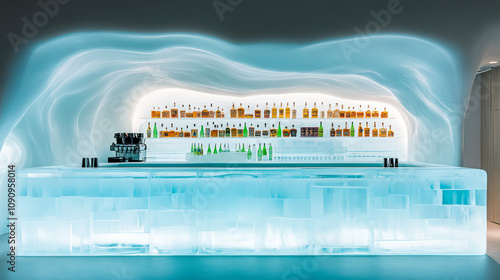 Winter bar, modern igloo, ice cave interior made of ice, counter glows from inside photo