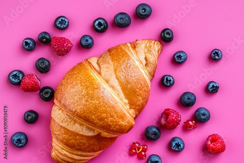 A croissant with berries and raspberries on a pink background. A croissant with berries and a pink background. Croissant berries pink background sweetness berry. A croissant with a berry lifestyle on.