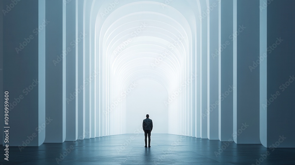 A solitary figure stands in an expansive, minimalistic space, evoking emotions of introspection and contemplation. A solitary figure stands in an expansive, minimalistic space, evoking emotions of introspection and contemplation.