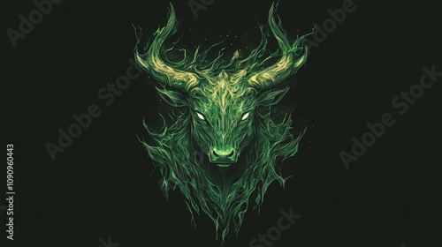 Green Flame Bull Taurus Illustration On Dark Background, Symbolizing Strength And Determination