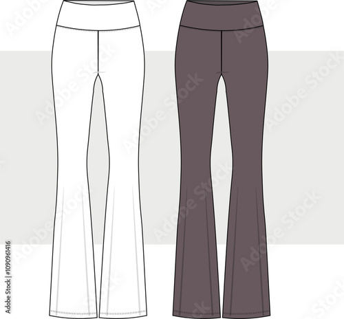 Flared Leggings technical fashion illustration, fashion design. Sports Leggings flat technical drawing template.