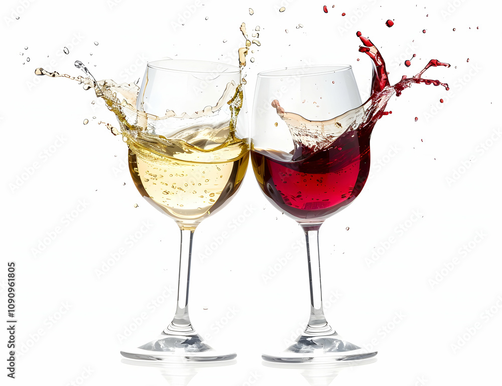 Two wine glasses clinking together, red and white wine splashing from the top of each glass, isolated on a clear background. Two wine glasses clinking together, red and white wine splashing from the top of each glass, isolated on a clear background.