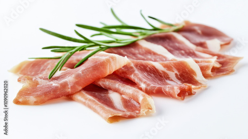 Thinly sliced prosciutto with a sprig of rosemary on a white background, showcasing the delicate texture and rich color of the cured meat.