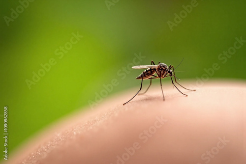 Mosquito perched on human skin in outdoor light