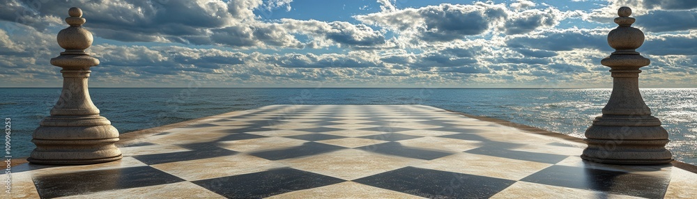 Obraz premium A surreal landscape featuring a giant chessboard extending towards the horizon, with chess pieces standing beside a scenic sky.