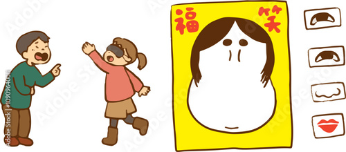 福笑いのパーツと子ども