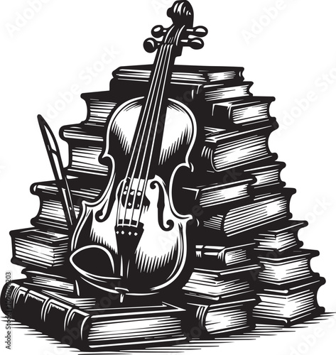 Stack of Books with a Violin, a Study in Knowledge and Music. A vintage-style illustration depicts a towering stack of books with a violin resting on top.