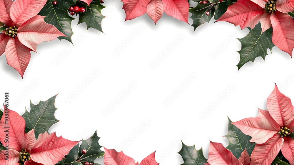 Fototapeta premium A festive floral frame with poinsettias and holly, leaving the middle area clean for seasonal greetings.