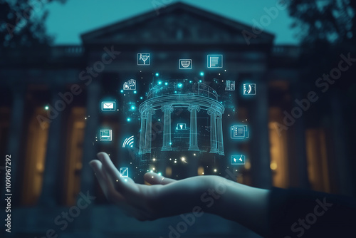 Municipal services provide community infrastructure. Person holding public sector icons on dark background