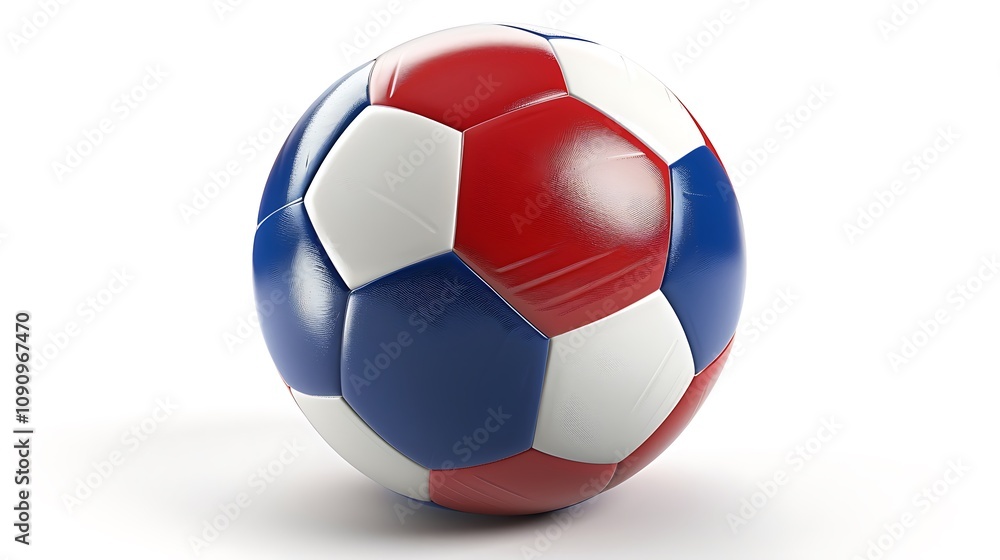 Obraz premium A colorful soccer ball featuring red, blue, and white panels, designed for recreational and competitive play.
