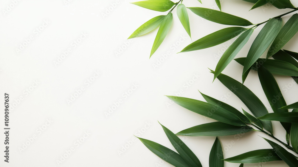 Fototapeta premium Minimalist arrangement of green bamboo leaves on a white background, creating a fresh and serene composition perfect for a natural and calming atmosphere.