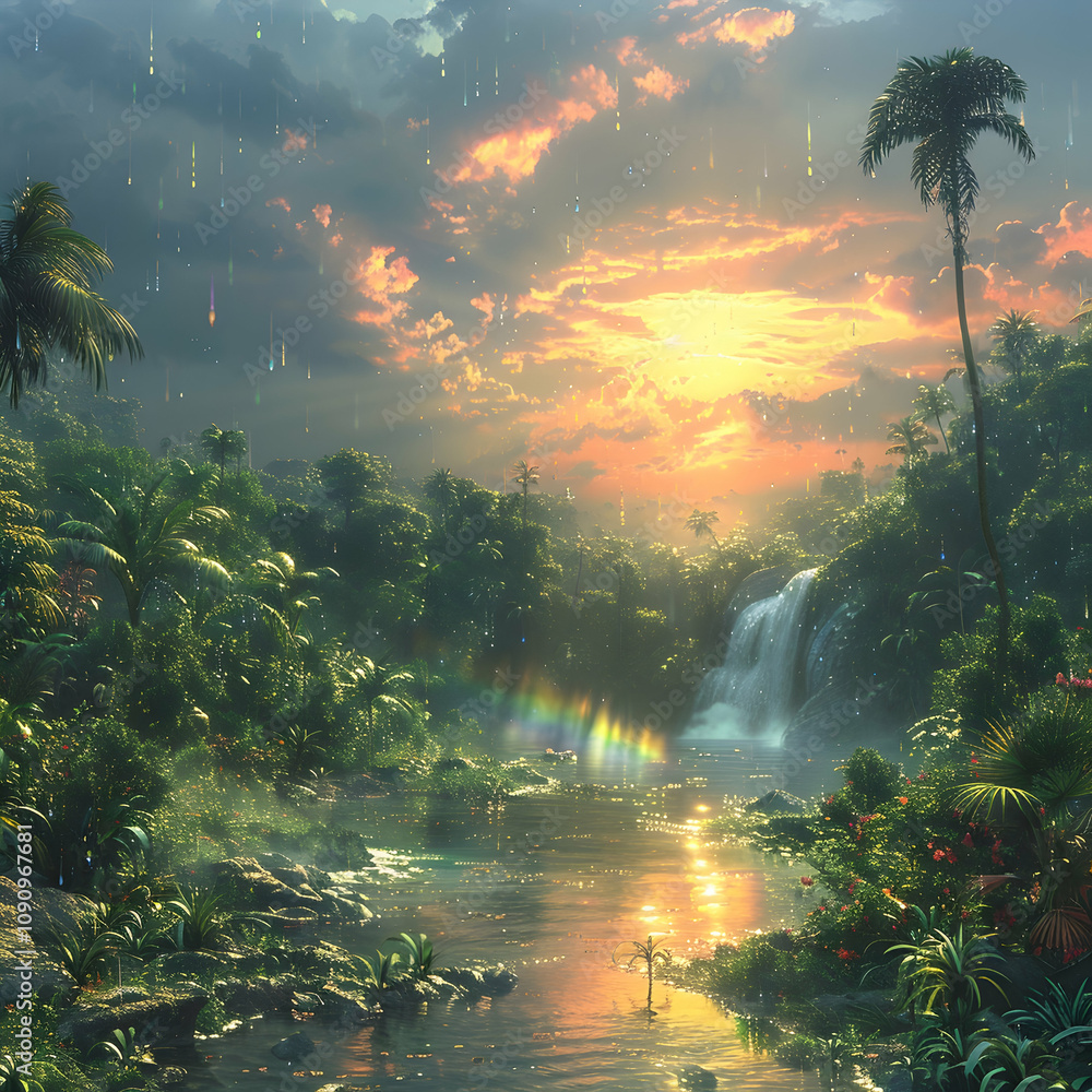 Obraz premium Lush tropical paradise landscape with waterfall, vibrant greenery, and a radiant sunset.