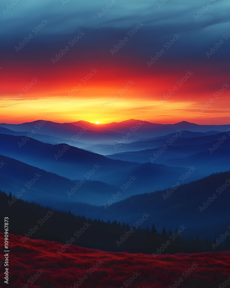 Fototapeta premium Majestic sunrise over a valley of misty mountains.