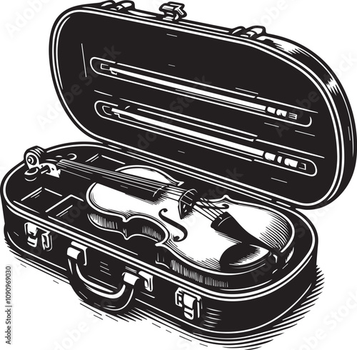 Vintage Violin Case with Accessories. A detailed, black and white illustration of a violin inside its case.