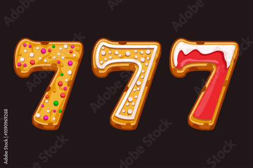 Slot or playing card symbol 7 like biscuit cookie. Gingerbread number 7, Christmas cookies Seven. Birthday number