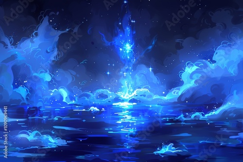 A mesmerizing blue ocean with sparkling waves and vibrant clouds reflects the night sky's wonders under the moonlight