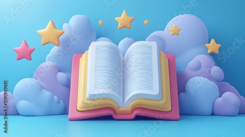 An open book with a pink cover, yellow pages, and a blue background surrounded by clouds and stars.