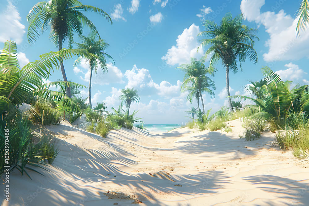 Obraz premium Tropical beach path lined with palm trees under a sunny sky.