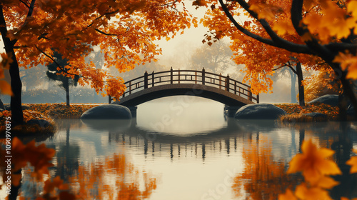 Peaceful Wooden Bridge Reflecting in a Calm Autumn Pond. photo