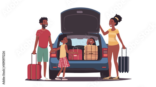 Multiracial Family Unloading Luggage from Car - Diverse Travelers Unpacking Bags Together